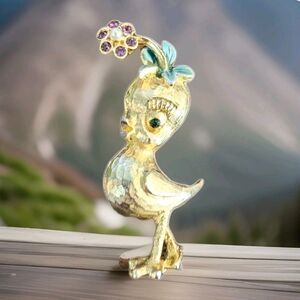 VTG Mylu Chick Brooch Pin Pink Rhinestone Flower Brushed Gold Tone Easter Spring